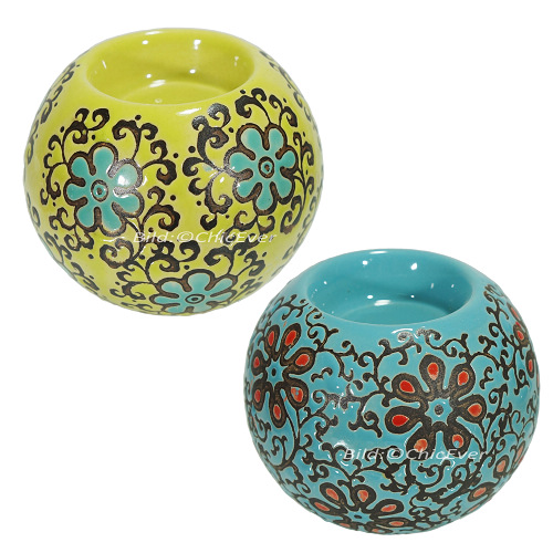 2x Teelichthalter Keramik Kerzenhalter gelb/türkis türkis/rot 4178b - zum Schließen ins Bild klicken